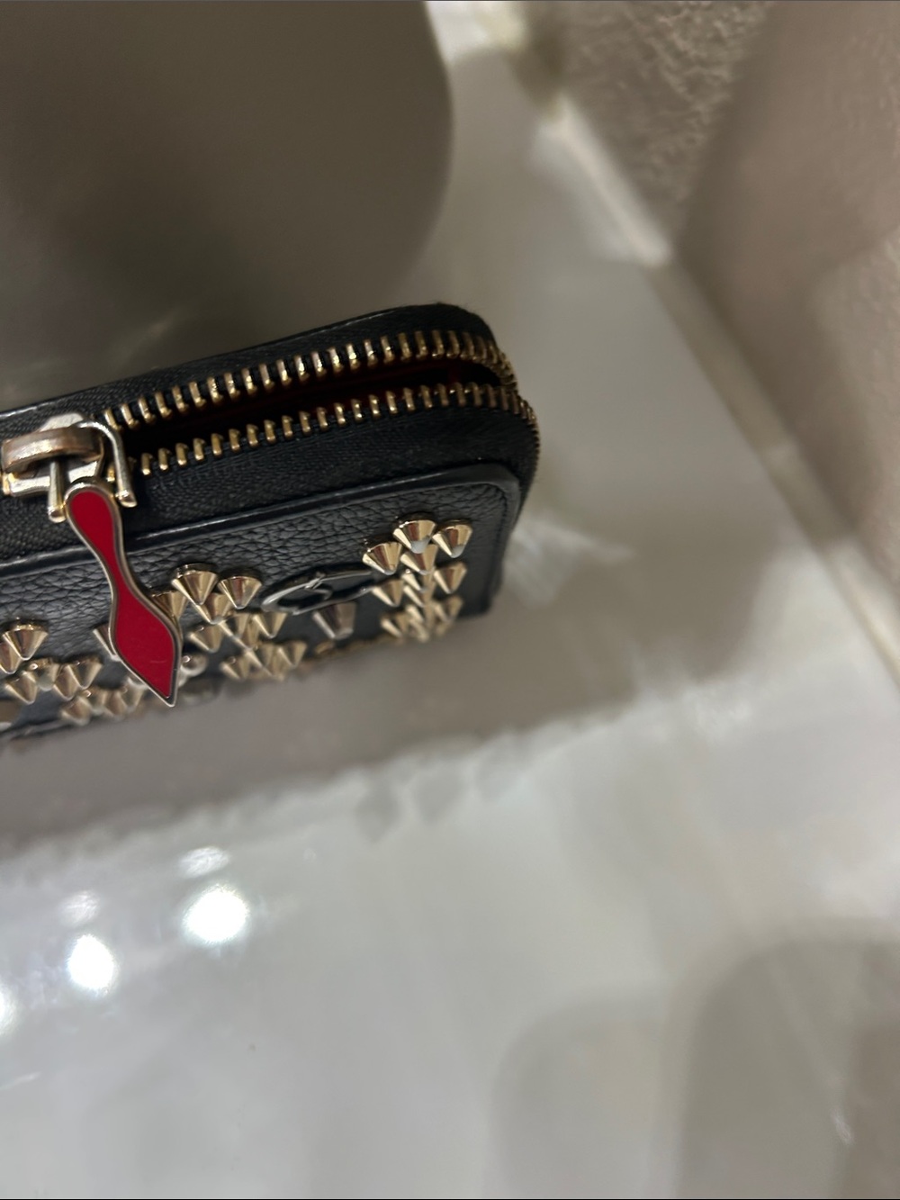 Christian Louboutin Black Leather Zip Around Wallet with Gold Studs Gorgeous - Picture 9 of 11